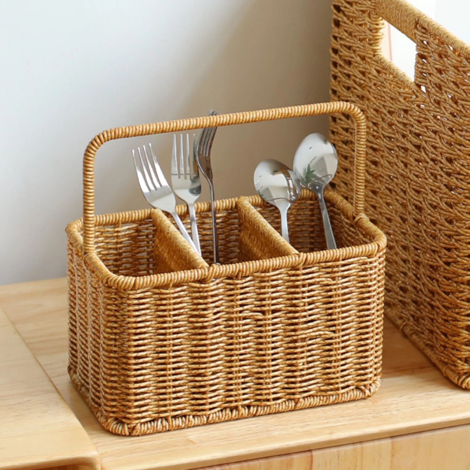 Compartment Basket with Handle Compact Divided Basket with Handle 3-Compartment Organizer Sturdy Woven Utensil Holder