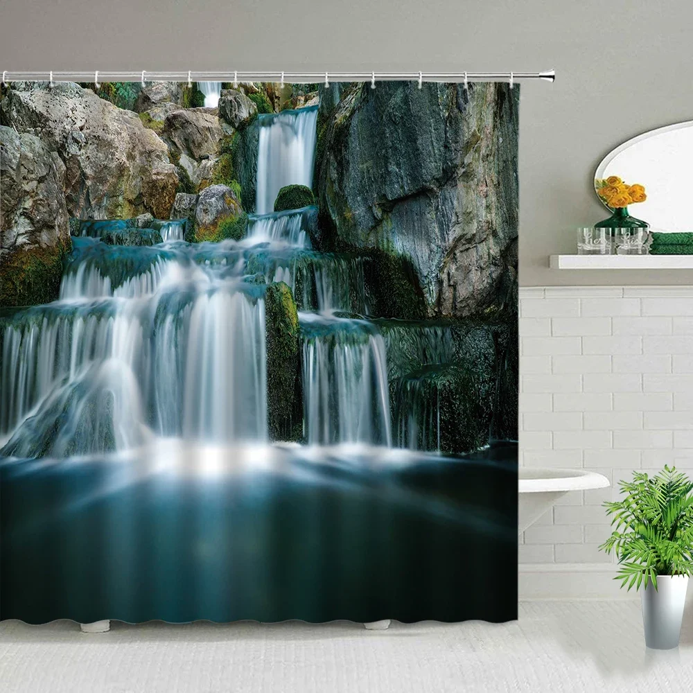 Waterproof Shower Curtains Natural Scenery Waterfall Green Meadow Flower Spring Landscape Home Bathroom Decor Bath Curtain Set