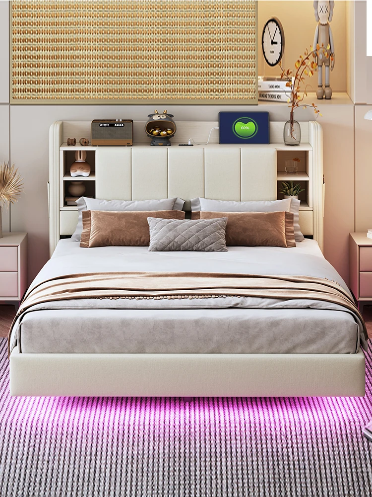 KOMHTOM Linnen stoffen bekleding bed Tweepersoonsbed met stabiel metalen frame USB-aansluiting Lichtbalk en verstelbaar hoofdeinde - afbeelding 2