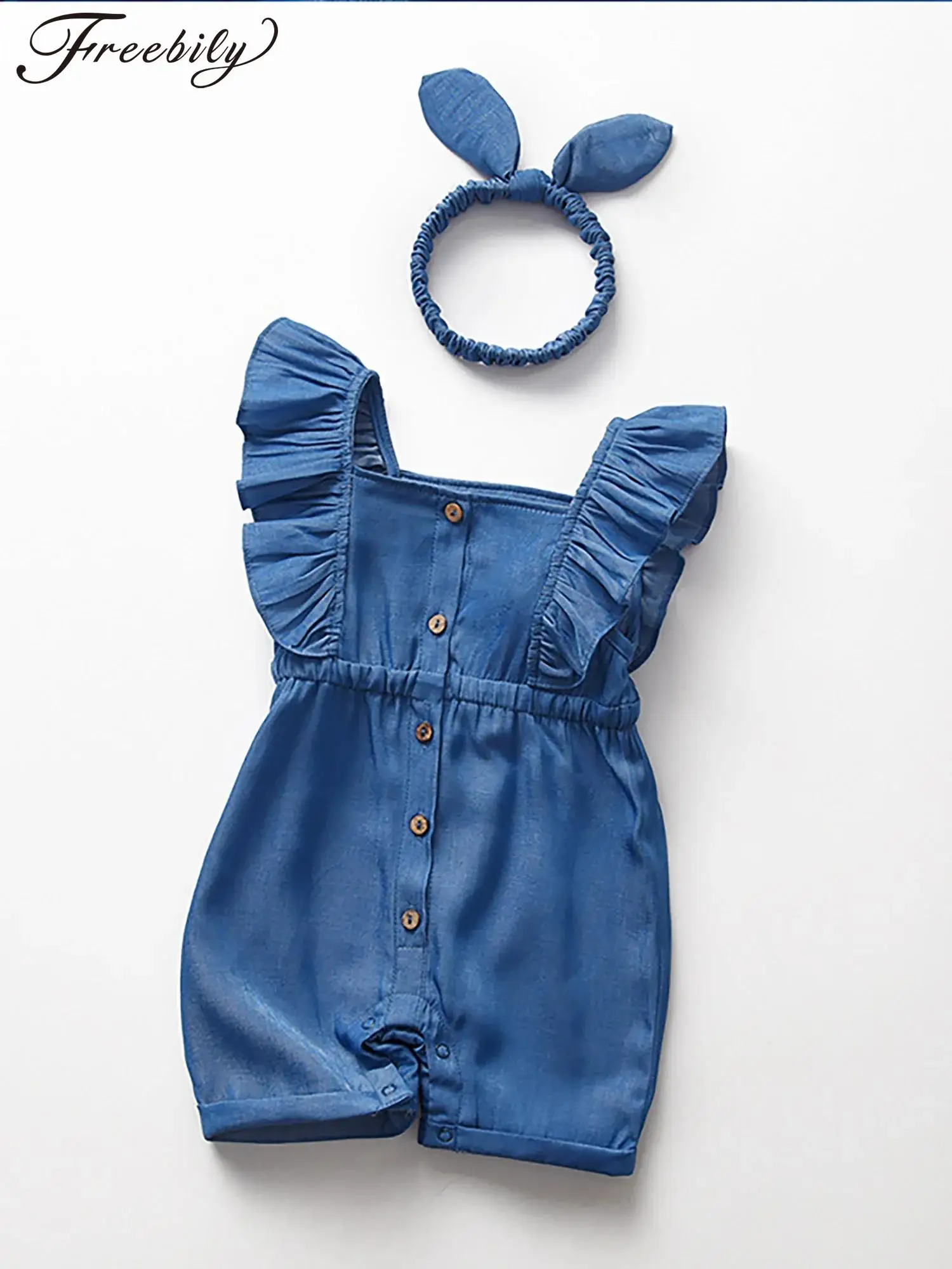 

Baby Girls Denim Jumpsuit Outfit Square Neck Ruffled Sleeve Button Jean Romper with Headband Summer Infant Clothes Casual Wear