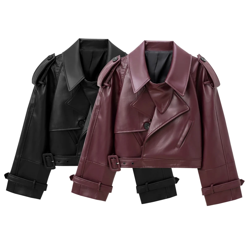 HXAO Cropped leren jas damesjas herfst 2025, bordeaux zwart Outerwears dames topjas met lange mouwen motorjas