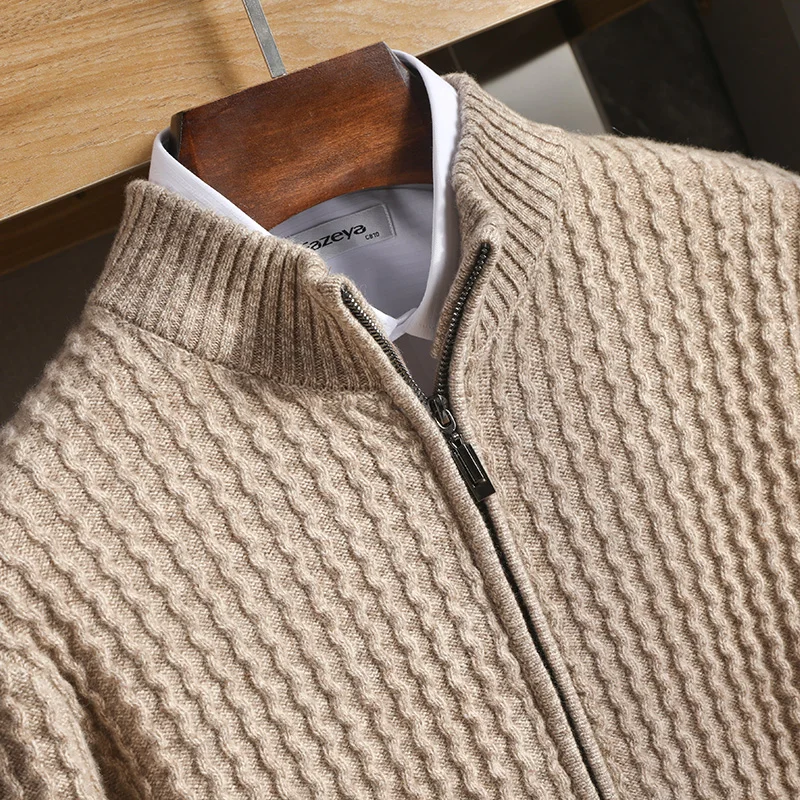 Men's Zipper Mock Collar Thickening Cardigan 100% Merino Wool Flower Yarn Sweater Cashmere Knitwear Autumn Winter Coat Tops