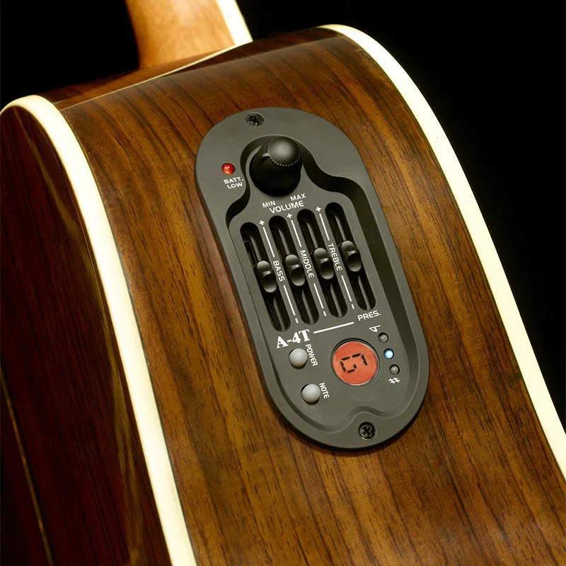 Preamplificador de guitarra acústica EQ ovalado de 4 bandas A-4T con sintonizador de procedimiento Digital redondo 98x44,5mm ecualizador pastilla de guitarra aceite de goma