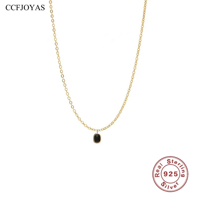 

CCFJOYAS 925 Sterling Silver Black Agate Pendant Necklace for Women Simple Korean ins 18k Gold Plated Clavicle Chain fine Jewelr