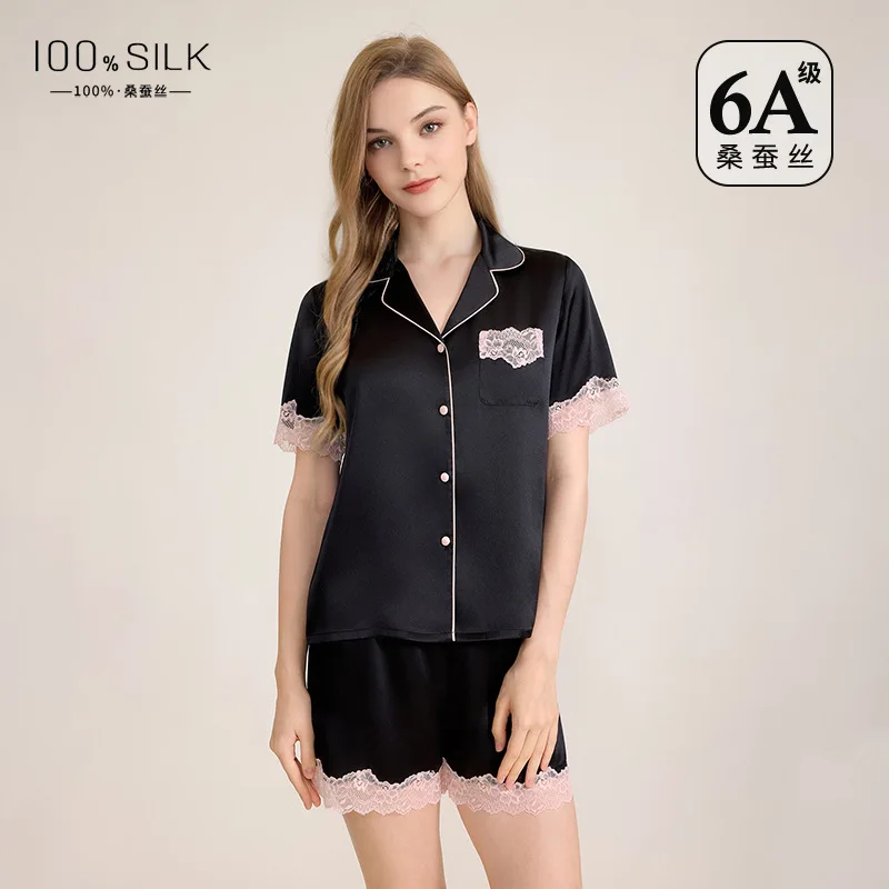2026 New Women's High End Short Sleeved Silk Pajamas Set 100% Mulberry Silk Lounge Wear French Style XL Size Summer Spring  Cozy