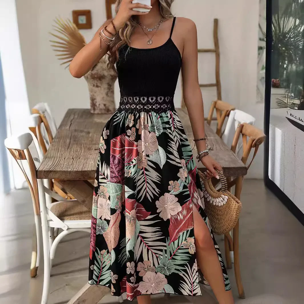 

Fashion Side slit Floral patchwork bohemia Bodycon Dress summer sleeveless elasticity A-line sexy hollow out sling Dresses Women