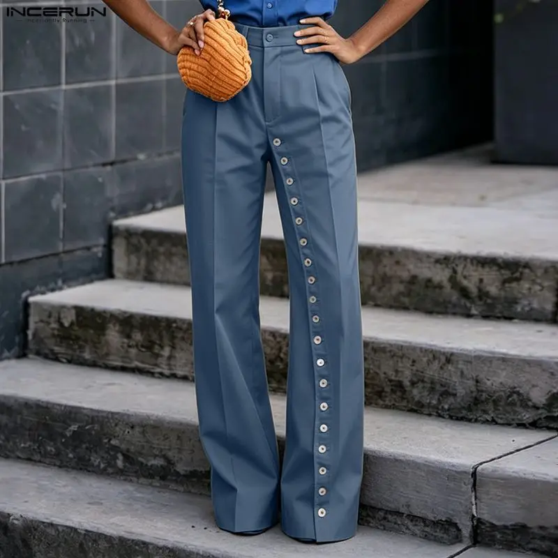 INCERUN Herrenhosen, einfarbig, mit Knöpfen, lockere, lässige, gerade Hosen für Herren, Streetwear, 2026, modische Hosen, Pantalones