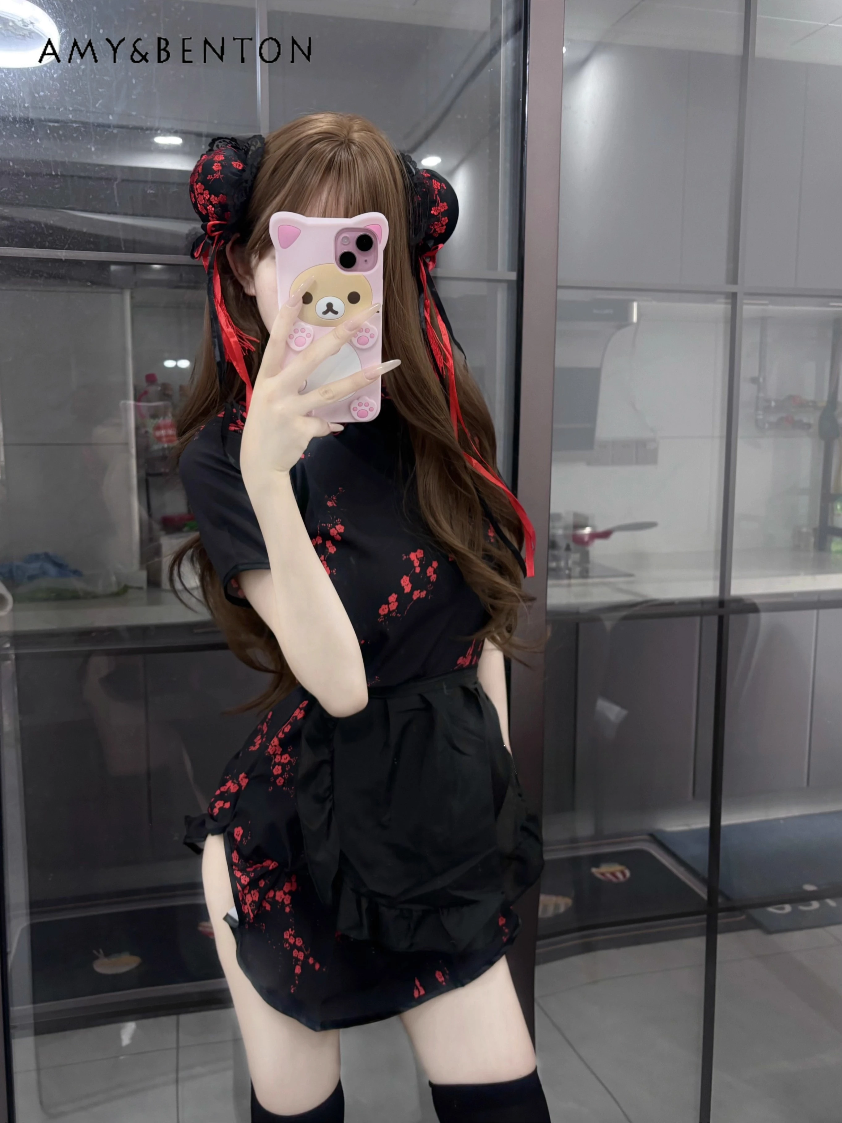 

Новый хит продаж, мягкий наряд горничной в японском стиле для девочек, черный, розовый, синий, короткое платье Cheongsam, головной убор, белые чулки, комплект суета