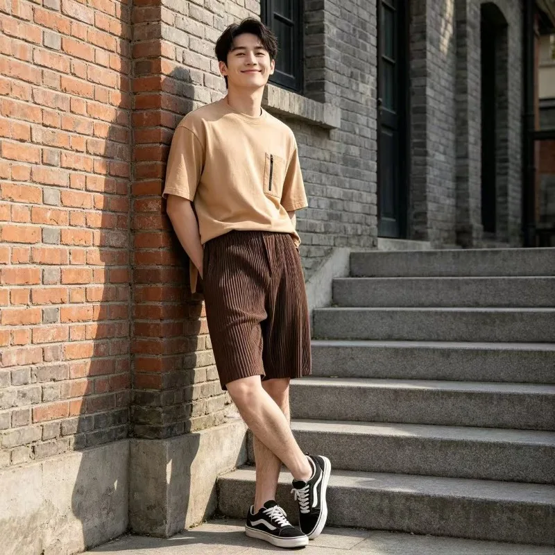 Miyake Pleated Men's New 2026 Pleated Shorts Draped Five-Point Pants Fashion Original Loose Versatile Youth Summer Simple Casual