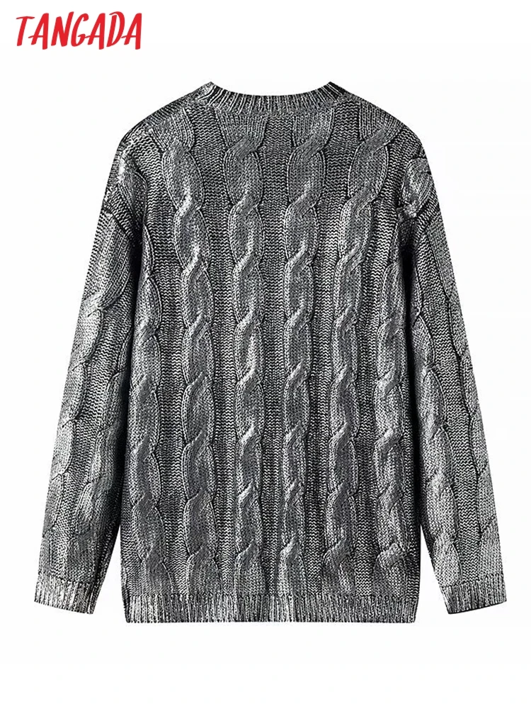 Tangada 2024 Women Fashion Silver Twist Knitting Sweater Long Sleeve Female Pullovers JA19