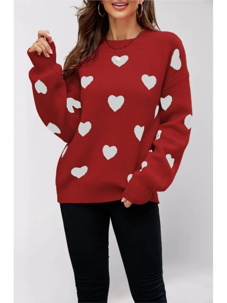 

2025 Autumn And Winter Love Pullover Versatile Knitwear Top Women's Elegant Loose Casual Round-neck Long-sleeved Sweater