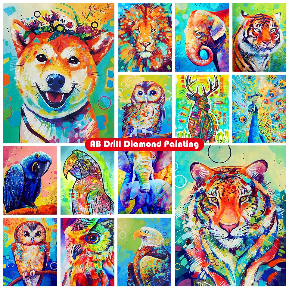 5D DIY AB Diamond Painting Kit Animal Dog Lion Elk Elephant Eagle Full Circle Diamond Embroidery Mosaic Family Zhuang