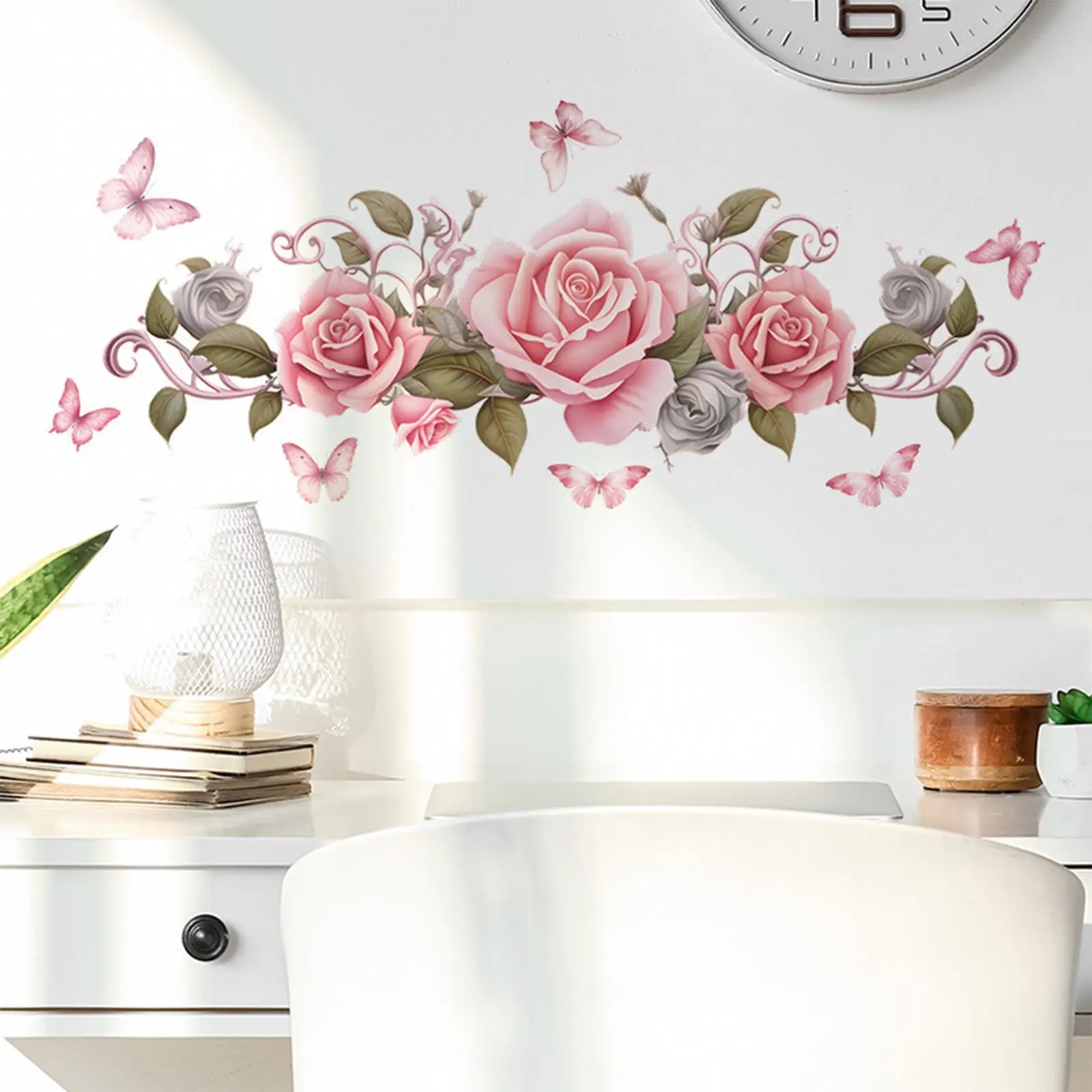 Pink Flowers Roses Wall Sticker Decals 33.5x11.4inch Self Sticky Decorative for Mirrors Window Reusable Accessories Versatile