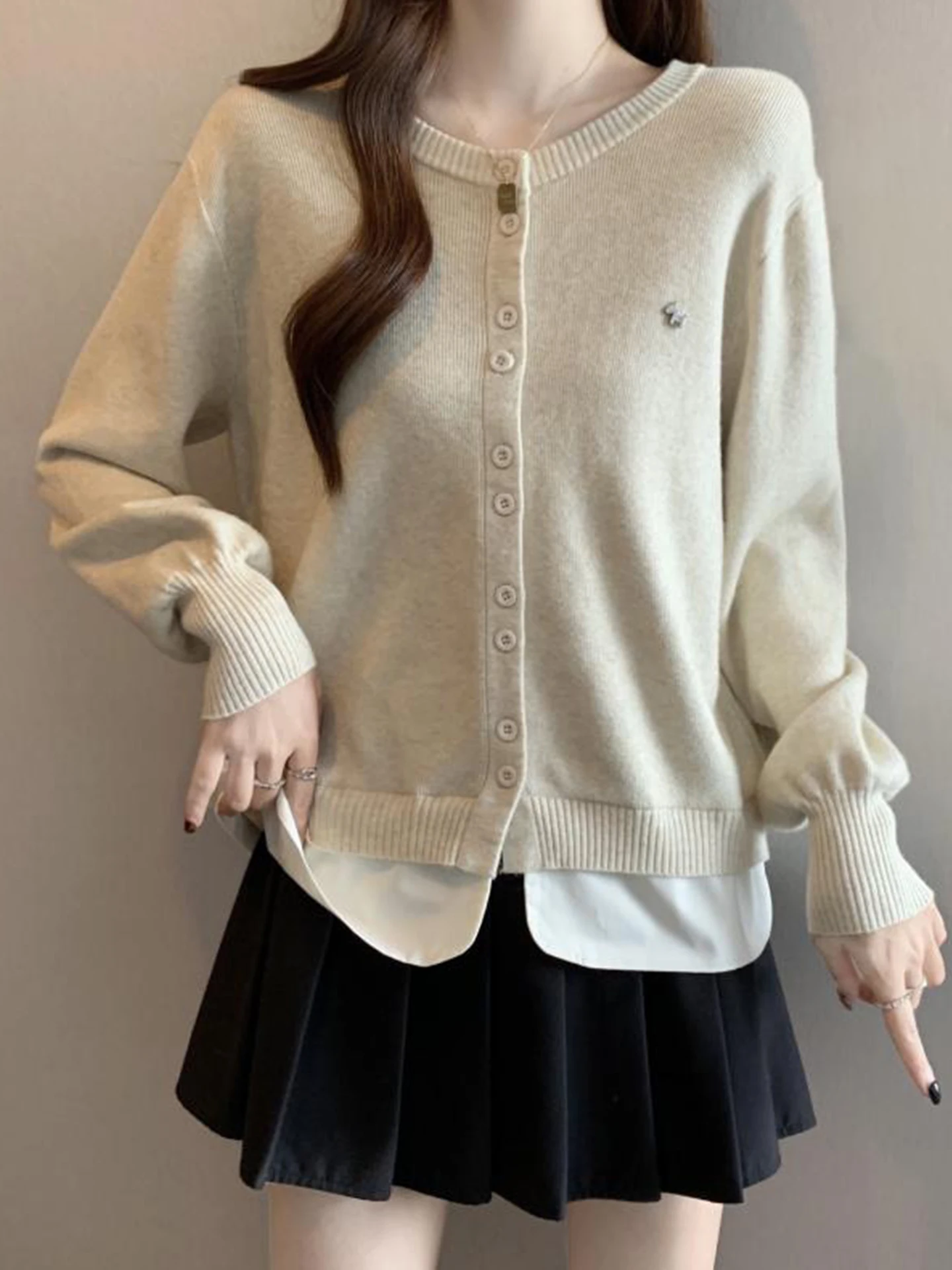 

Korean Sle Splice round Ne Knitted Open Cardigan Women's Autumn Winter plus Size Casual Sweater Jaet Slimming Fake Two-...