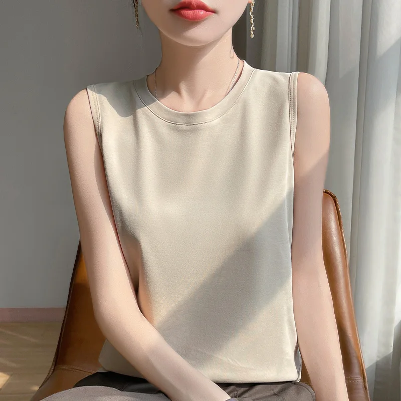 Spring And Summer 100% Cotton Round Neck Sleeveless T-shirt Women's Solid Color Sling Bottoming Shirt Vest