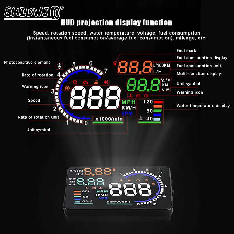 Car Speed HUD Speedometer Oil Consumption Water Temperature Head Up Display Battery Voltage OBD Windshield Projector Truck