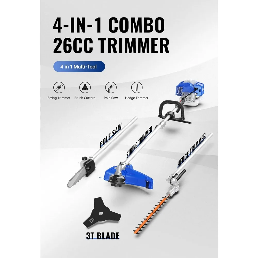 26cc Weed Wacker Gas Powered, String Trimmer/Edger, Pole Saw, Hedge Trimmer and Brush Cutter Blade, 4-in-1 Multi Yard Care Tools