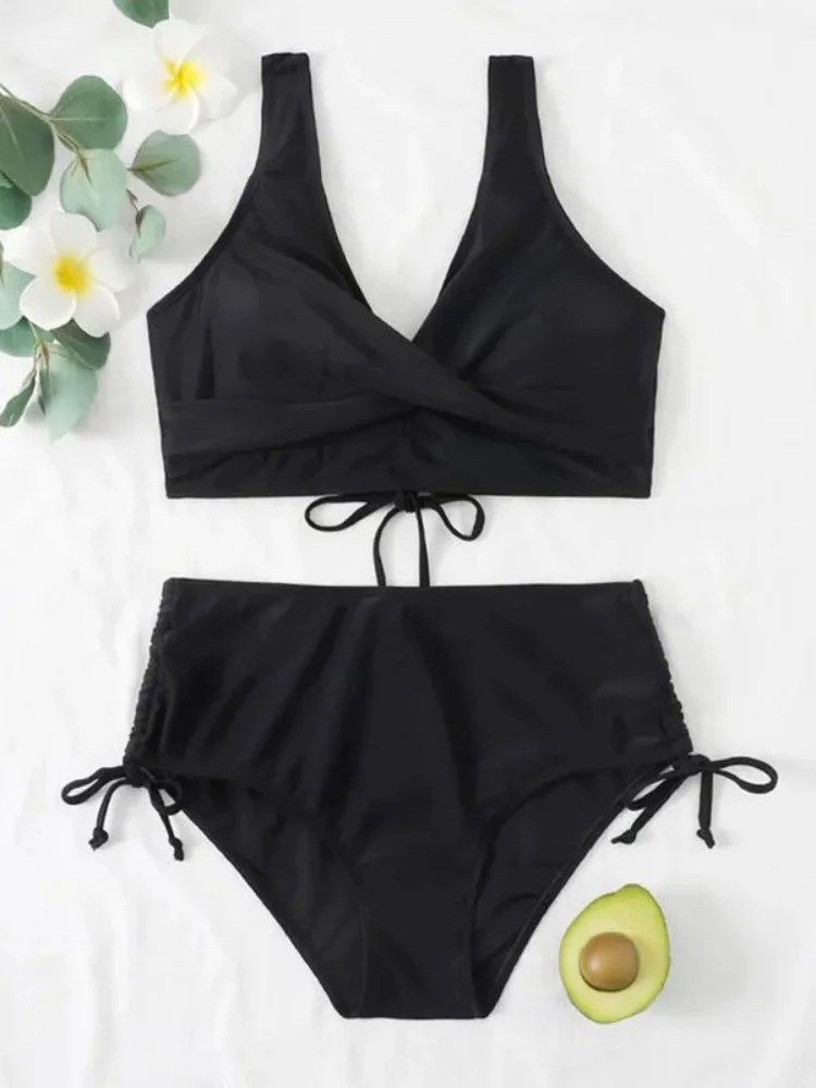 Damski strój kąpielowy bikini 2026, nowy, jednolity, z dekoltem w serek, na ramiączkach, seksowny zestaw bikini z wysokim stanem, letni strój kąpielowy dwuczęściowy, strój plażowy dla kobiet.