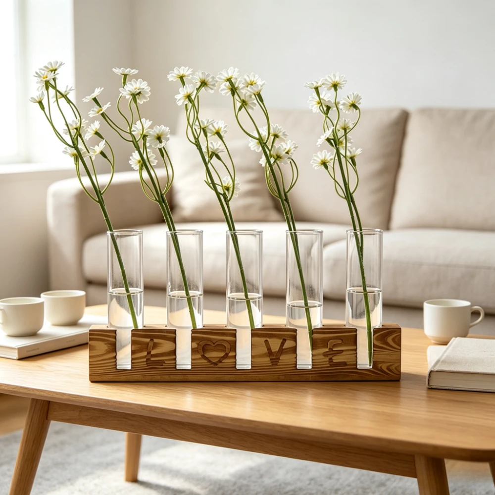 Creative LOVE Letter Wooden Stand Glass Test Tube Vase Hydroponic Flower Arrangement Home Wedding Desktop Decoration