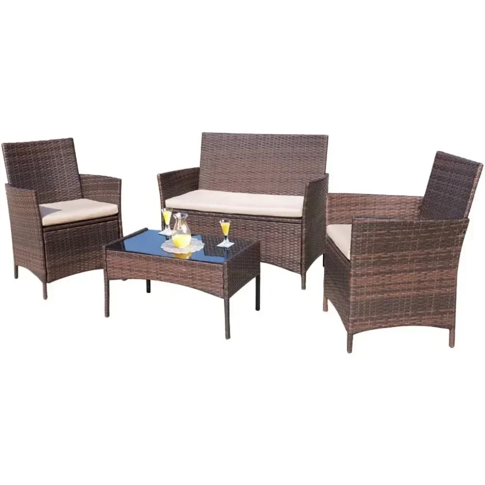

4 Pieces Outdoor Indoor Use Backyard Porch Garden Poolside Balcony Sets Brown and Beige Furniture Outdoor Furniture Set