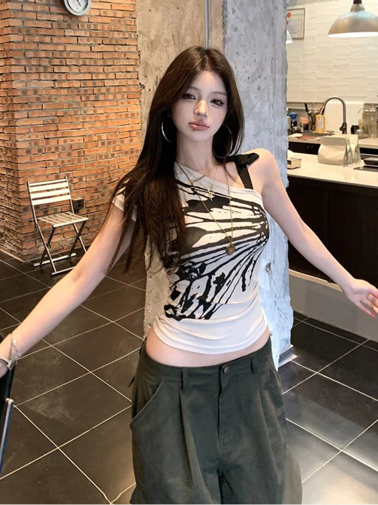 Koszulka z odkrytymi ramionami Vintage Lata 90. Damska Koszulka z Detalem Szwu Koronką Wysoka Jakość Sznurek Lekka Podstawowa Jednolita Krótka Dopasowana