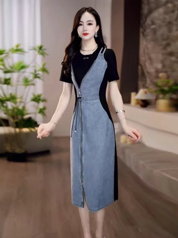 La Chapelle Faionable Denim Dr femmes été nouveau Design taille-collant jupe moulante taille haute a-ligne Midi Dr