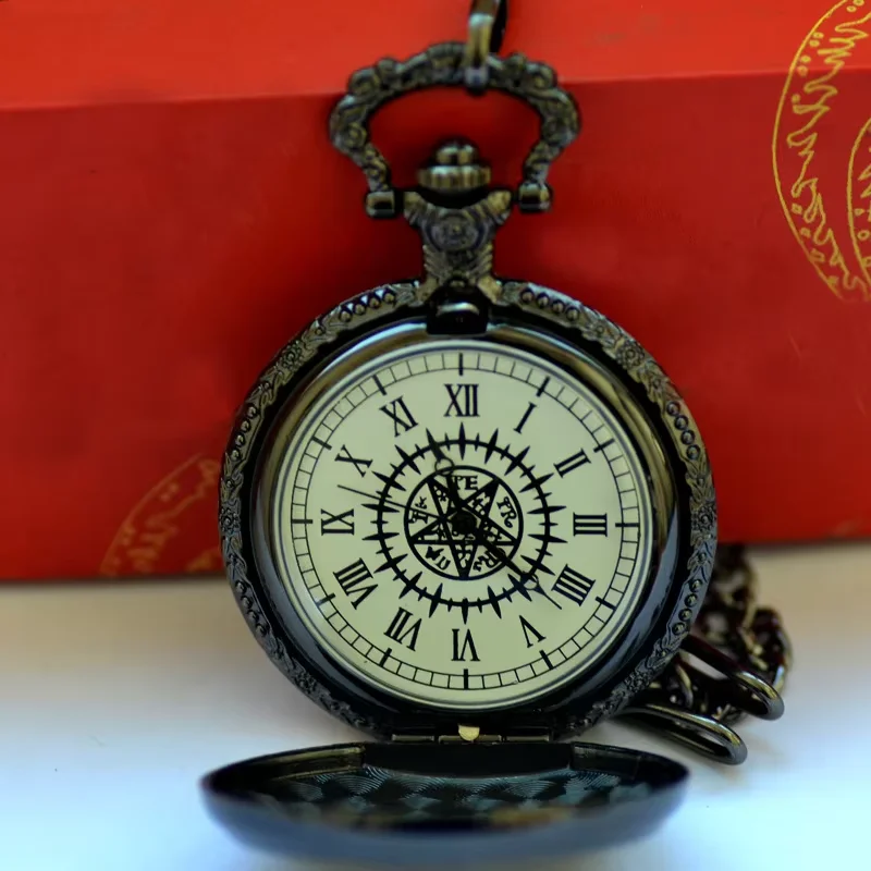 Fashion Cute Black Magic Wand Pendant Pocket Vintage Quartz Pocket Watch Necklace Unisex Bronze Antique