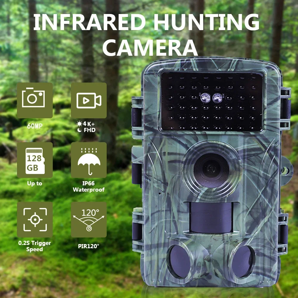 Outdoor Hunting Trail Camera, Faixa Cam Wildlife, Movimento Ativado, Infravermelho, Visão Noturna, Foto Armadilha à Prova D'Água, 60MP, 4K, PR1600