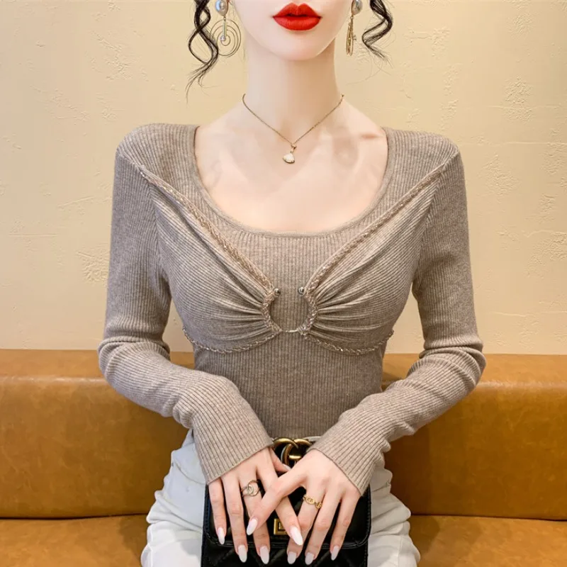 

2025, новинка, европейская, одежда, вязаный, свитер, женский, модный, сексуальный, с круглым вырезом, пэчворк, блестящий, бисер, драпированный, с длинным рукавом, тонкий, топы, 51006