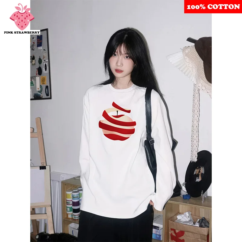 

100% Cotton White Long sleeved T-shirt Women Autumn 2025 New Korean style Apple Print Tee Loose Casual Y2k Top Female clothing