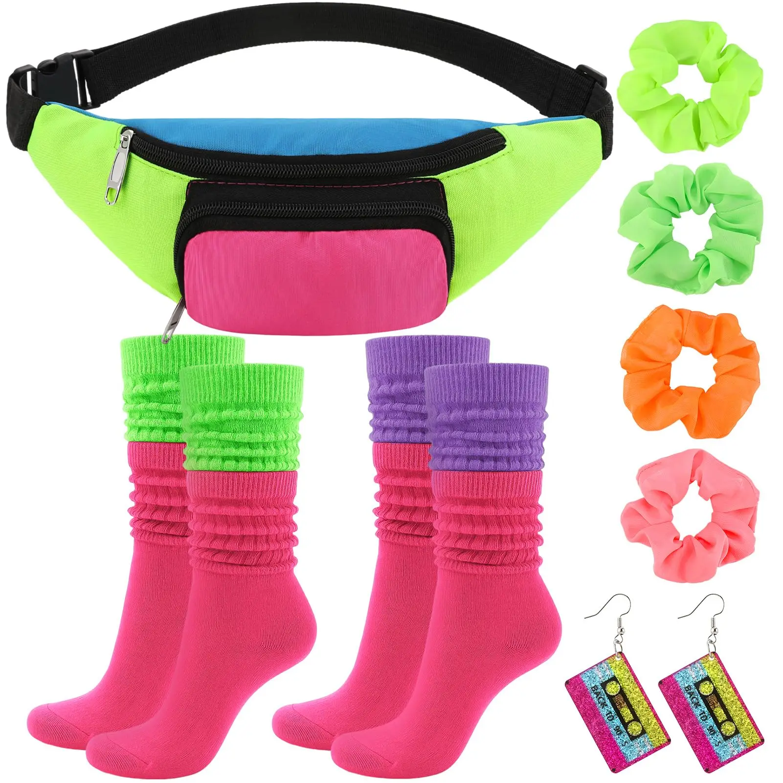 80s Costume Accessories Set, Neon Retro Fanny Pack Hairband Fishnet Slouch Socks for Party Halloween