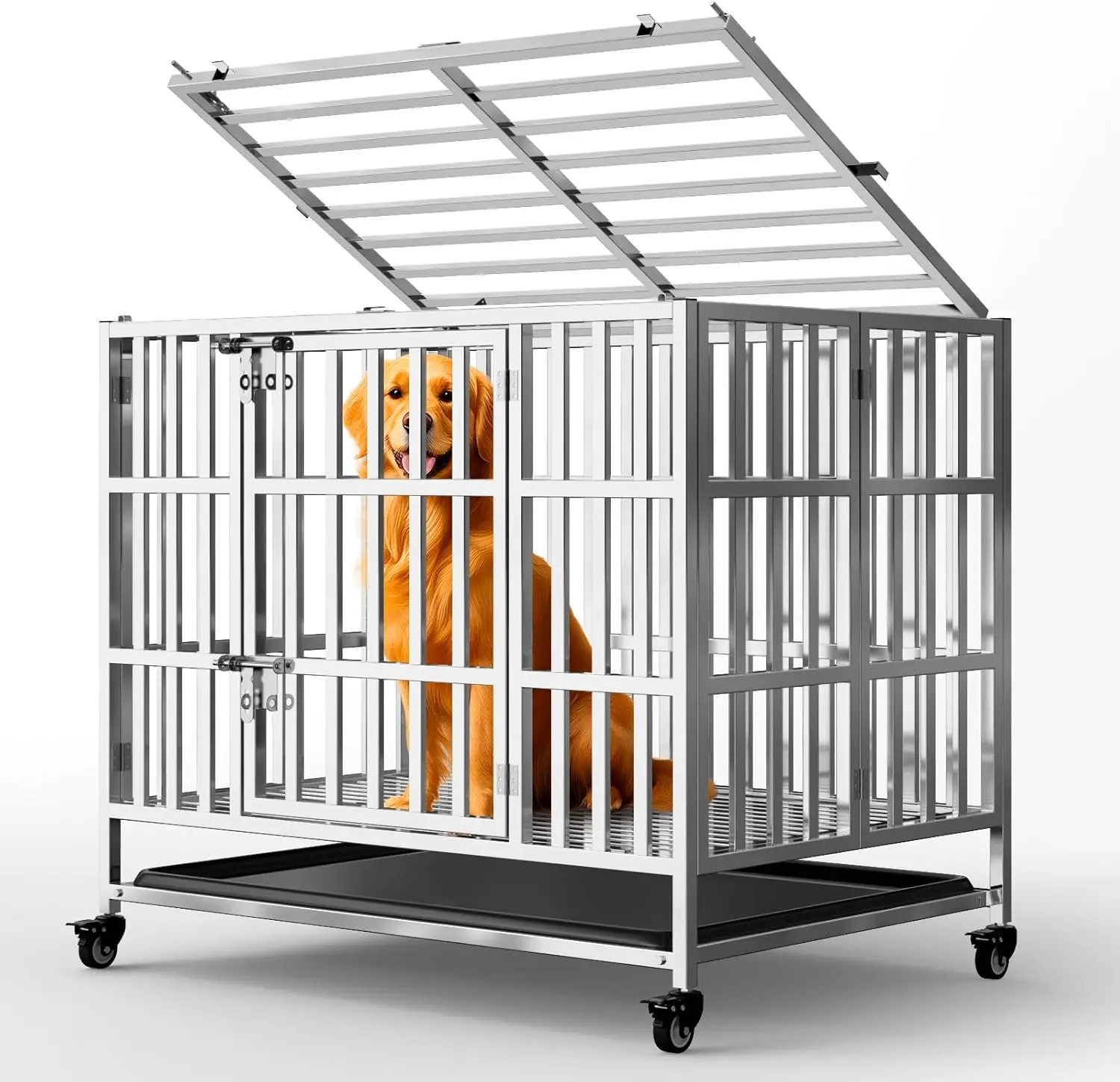 

37 Heavy Duty Dog Crates for Large Dogs, Upgraded 4 Lockable Wheels, Stainless Steel Kennel Dog Kennel Indoor, Max Load 300Lbs,