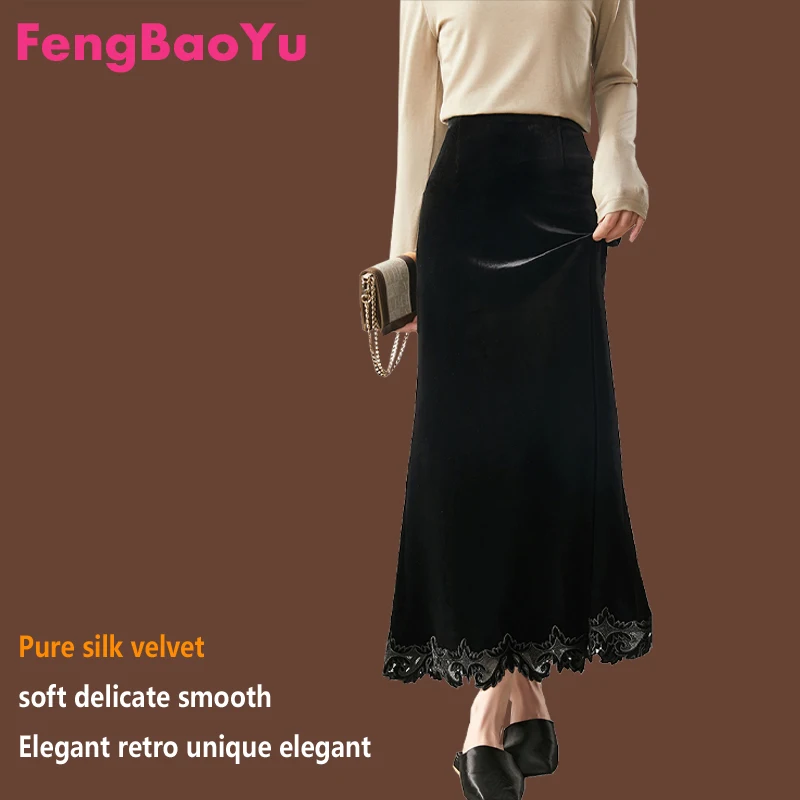 Vestido largo hasta el suelo cosido con borde de encaje de media longitud de terciopelo de seda para mujer con estilo de cola de pez, elegante, romántico, informal y lujoso.