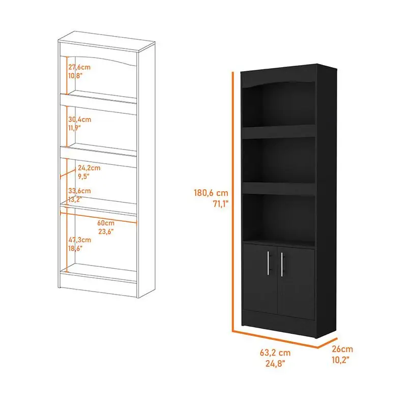 Three-Shelf Bookcase with Double Door Cabinet Storage Unit