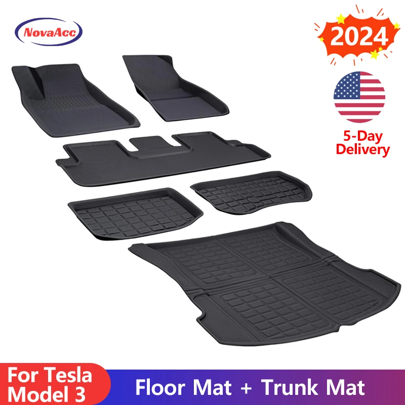 NovaAcc 2024 Highland Floor Mats 6PCS for Tesla Model 3 All-Weather Car Mats Anti-Slip 3D Material Cargo Liner Trunk Mats