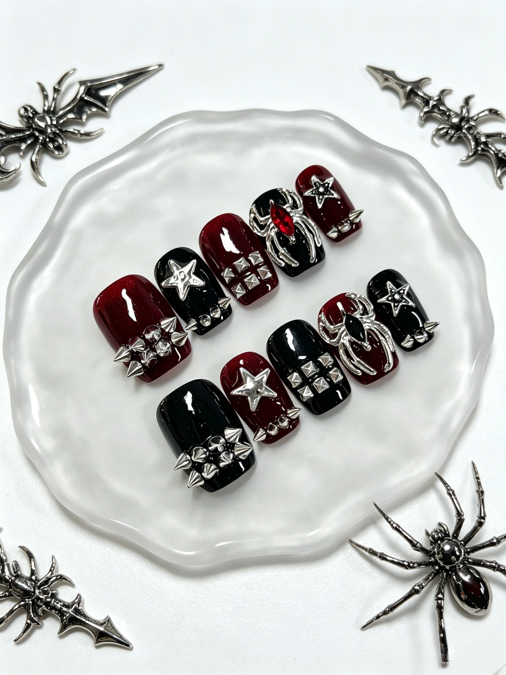 10 Short Black and Red Square-Shaped Press-On Nails, Paired with Star Spike Spider Minimalist Y2K Gothic Nail Stickers, Suitable for Students, Trendy Girls, Mature Women, Niche Personality Enthusiasts, Dark Style Grunge Punk Nail Stickers, Suitable for Daily Outings, Music Festivals, Dates, Street Photoshoots, Afternoon Tea, Bars, and Clubbing, Light Luxury Style Fake Nails, Includes One Jelly Glue and One Nail File - view 2