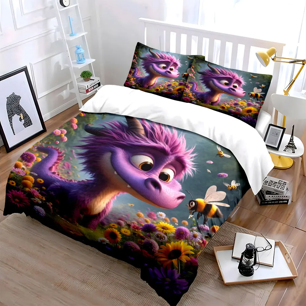 Purple dragon meets bee in flowers Bedding Set for Kids Luxury Gift 3pc Digital Print Comforter Set Soft Comfortable Breathable