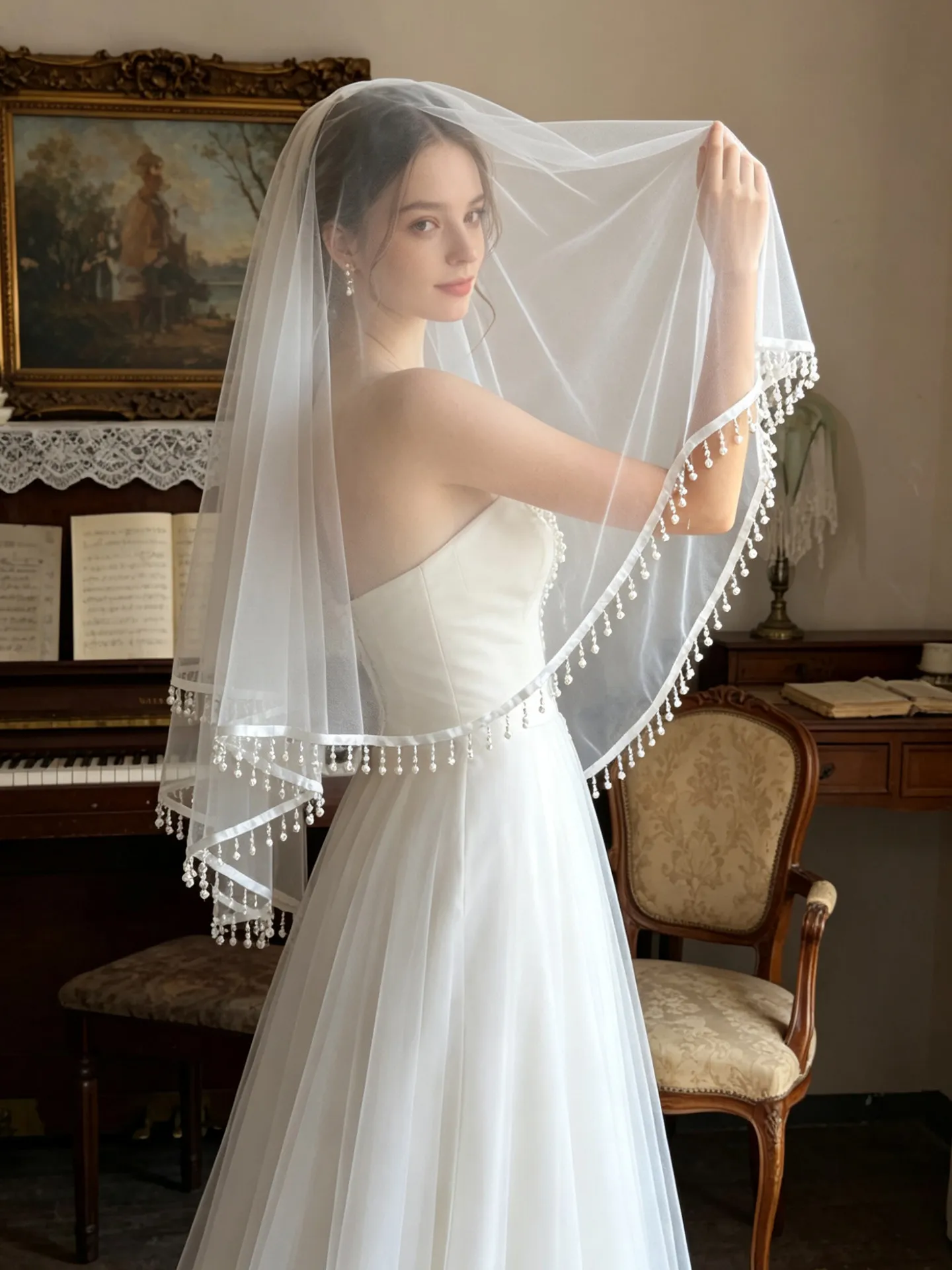 Fairy Short Wedding Veil with Pearls Bridal Veil Ivory 1.3*1.3m Wedding Veils