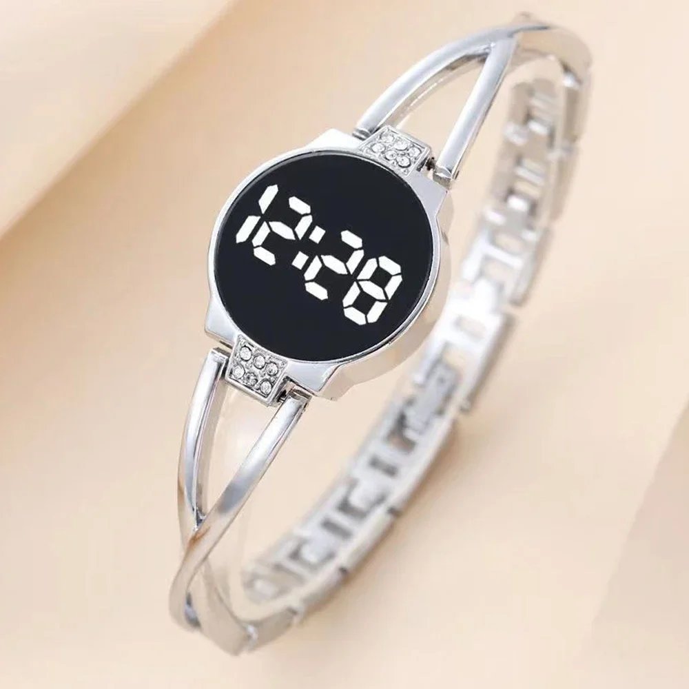 LED Electronic Watch with Bracelet for Women Girls Touch Control Screen Digital Ladies Wristwatch Steel Band Light Luxury Clock