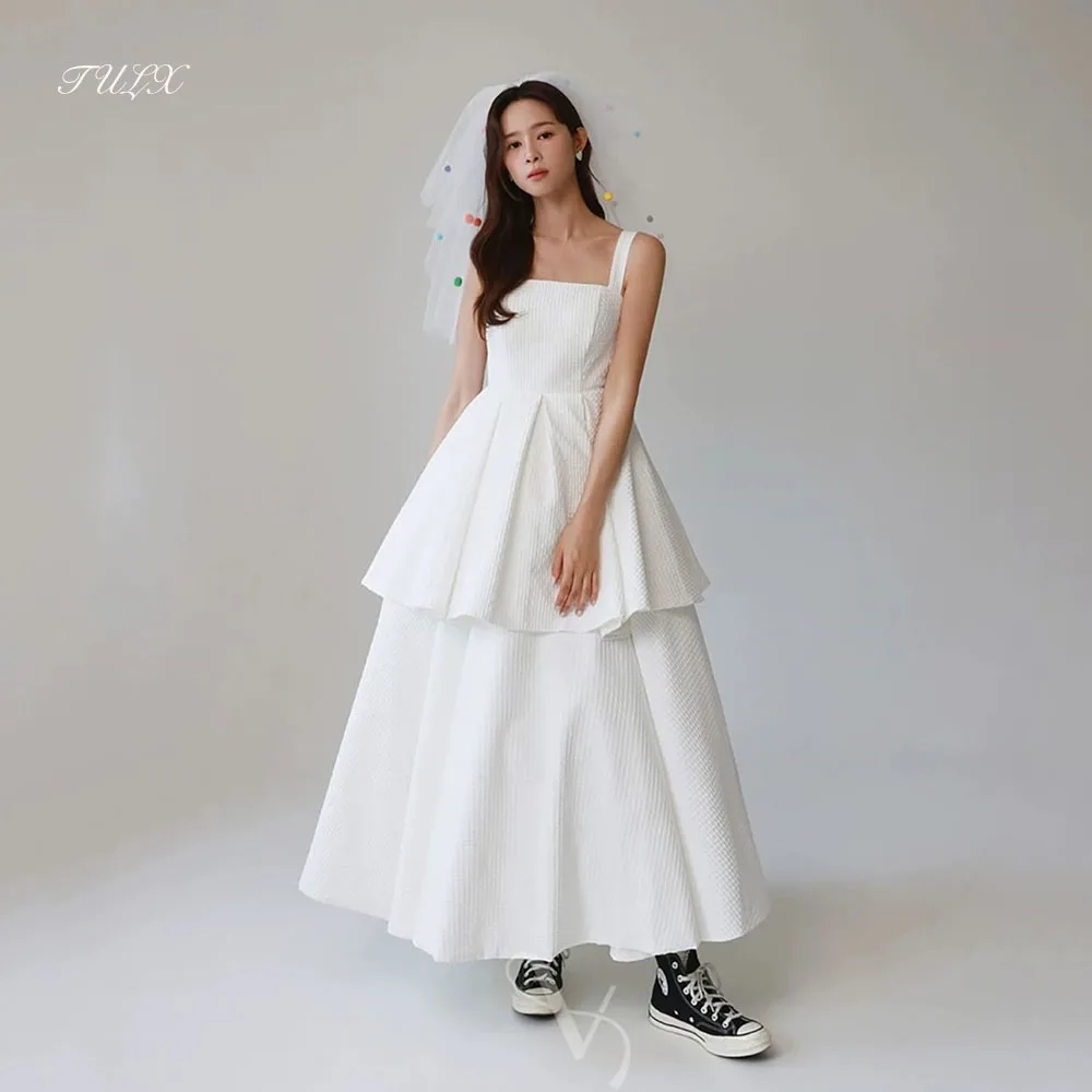 TULX – robe de mariée gaufrée ivoire, séance Photo coréenne, col carré, bretelles, ligne A, longue, Corset personnalisé, 2026