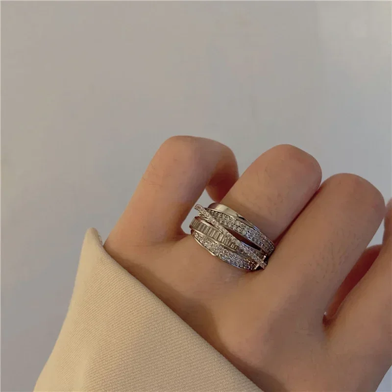 Кольцо Женское Rhinestone Ring Multi-layer Winding Rings For Women Full Finger Golden Silvery Rings Jewelry Gifts 반지