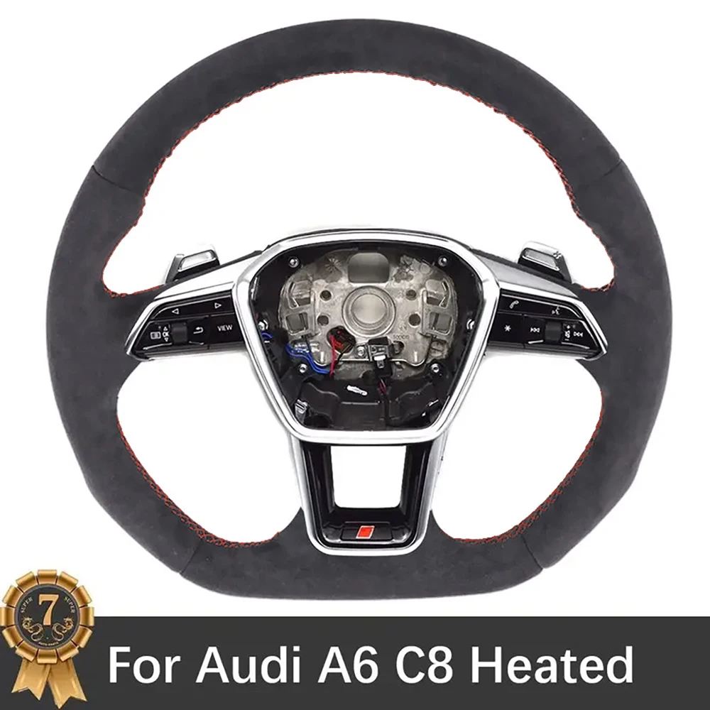 For Audi A6 C8 Heated Full Alcantara Multifunction Steering Wheel Red Stitching RS/ S Logo With Paddles Accessories