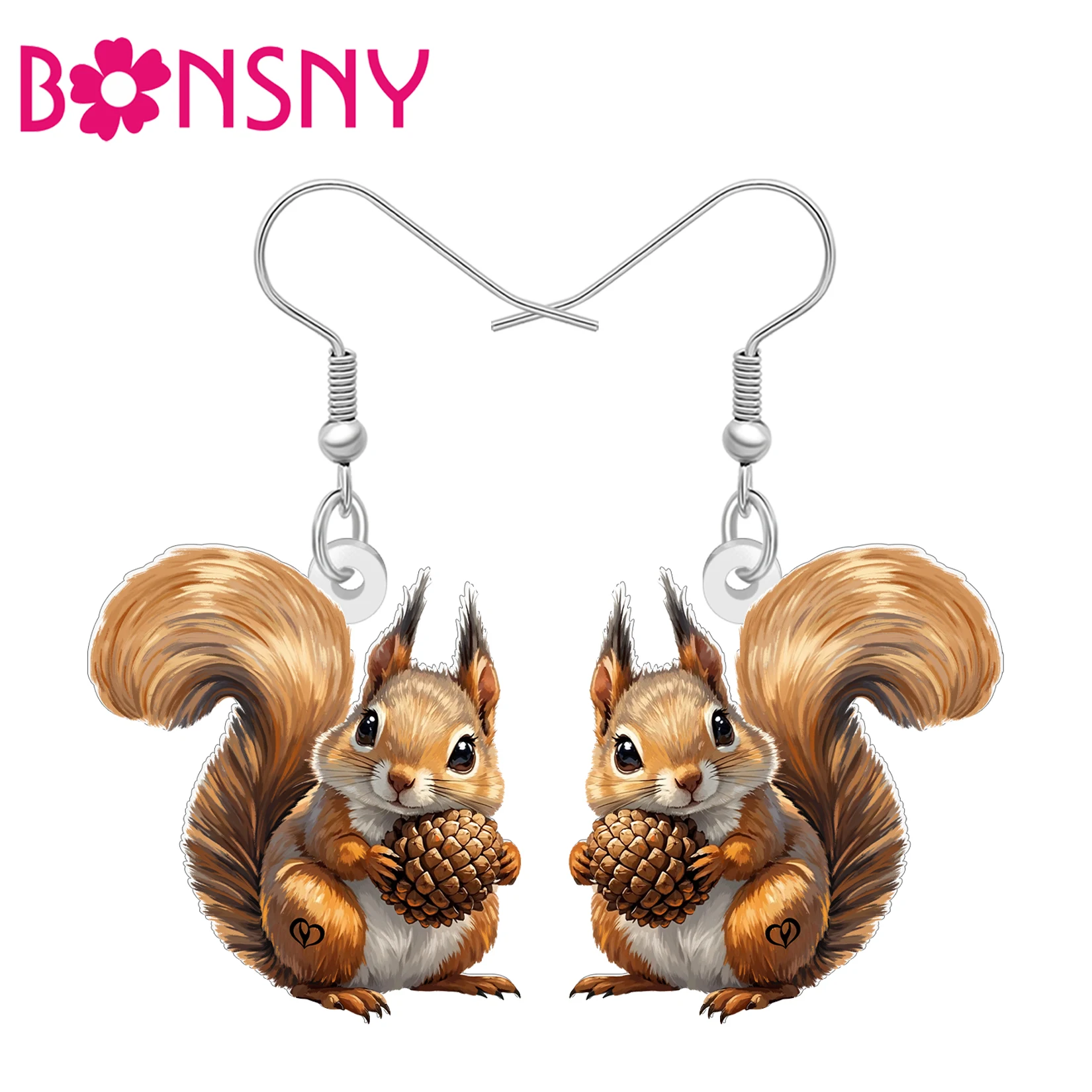 BONSNY Acrylic Cute Squirrel Earrings Cartoon Forest Wild Animal Pinecones Dangle Drop Nature Theme Jewelry Gifts For Women Mom