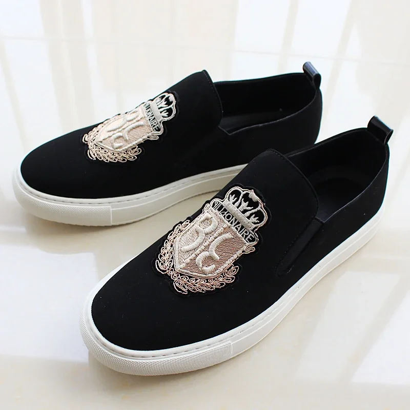 Brand New Men Casual Shoes Black Suede Leather Man Party Luxury Embroidery Flat Shoes Tide Slip-On Loafers