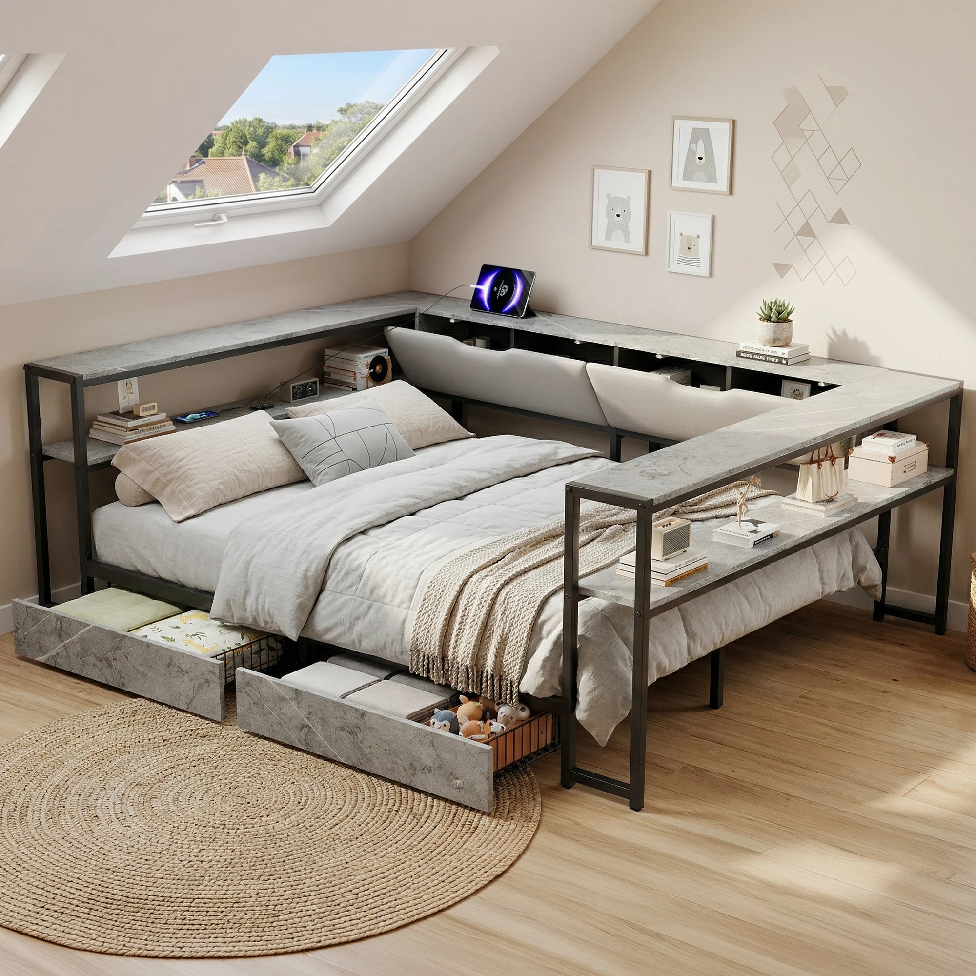 Cama de día tapizada Concrete 140×200cm, carga USB-C, 2 cajones, estructura de listones metálicos