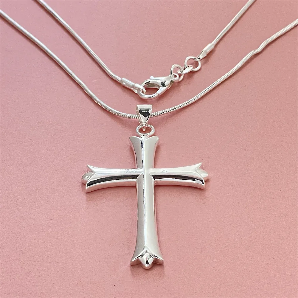 

Firm Inlay 46CM Cross Pendant Snake Bone Necklace Silver & Gold S925 Sterling Silver For Women Solid Craft Durable Structure