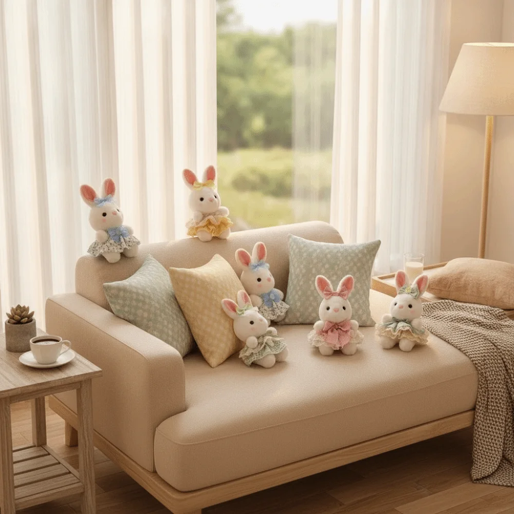Cute Soft Rabbit Floral Pattern Lace Dress Stuffed Rabbit Big Bow Dress 17cm Bunny Pillow