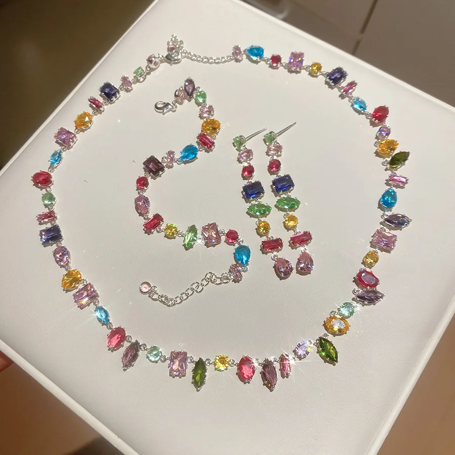 Brand 18K Gold Plated New Luxury Colourful Crystal Zircon Necklace For Women Fashion Party Jewelry Accessories Ladies Jewellery