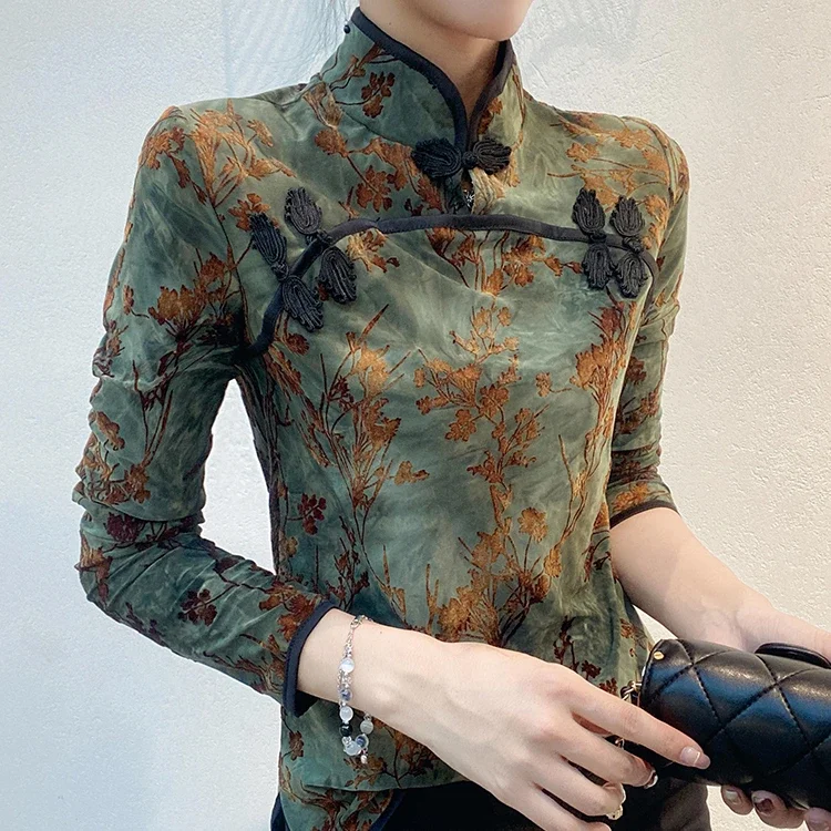 Chinese style retro button up top women standing collar shirt long sleeve base shirt