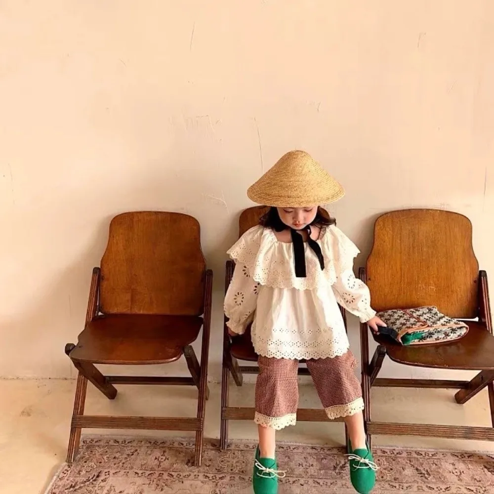 

Beach Hat Big Brim Sun Hat Breathable Korean Girls Straw Hat Handwoven Khaki Straw Visor Cap for Children Seaside Vacation